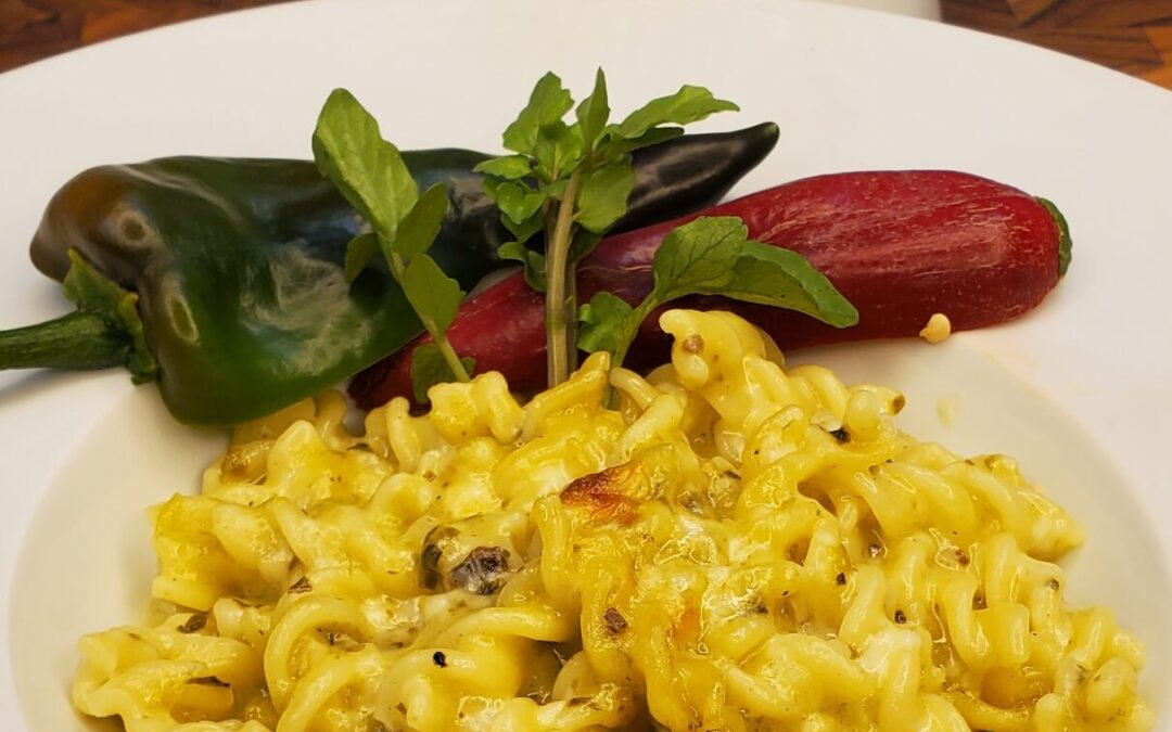 bowl of green chili macaroni and cheese